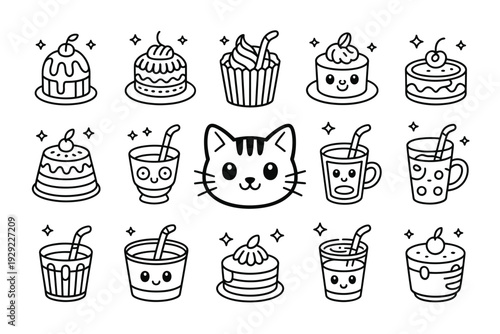 A cute cat surrounded by various desserts and drinks in cartoon illustration