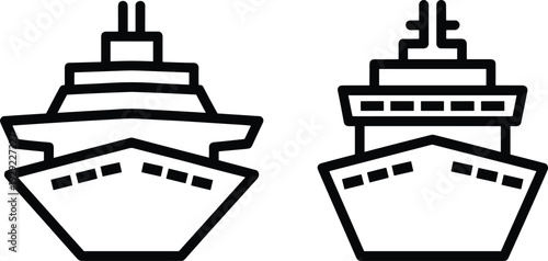 Cargo ship icon set, front view container vessel silhouettes, black and white maritime transport illustration, commercial shipping industry design, isolated nautical freight symbols