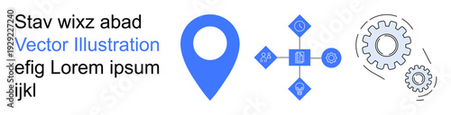 Geolocation tools, process optimization, digital connectivity, navigation, teamwork, tech tools. Geolocation pin, gears interconnected data icons. Geolocation tools and process optimization concept