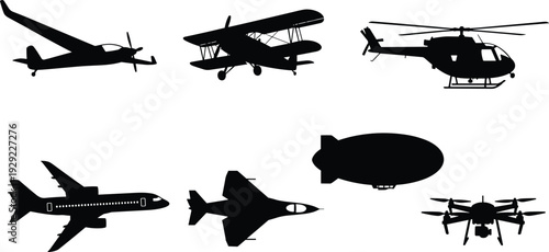 Black aircraft silhouette set featuring commercial jet biplane helicopter drone blimp and fighter plane for aviation history transport logistics and aerospace industry design