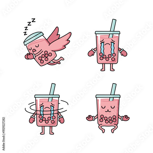 Boba tea cartoon characters with different emotions on white background