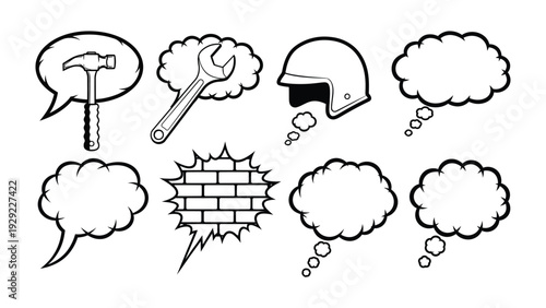 Thinking Tools and Thoughts: A set of thought bubbles and tool illustrations, inviting contemplation and providing a visual space for ideas.