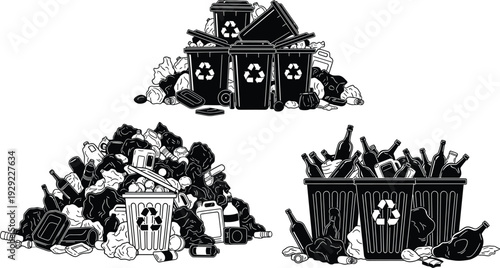 Black and white vector illustration of overflowing recycling bins and trash piles representing environmental pollution waste management crisis and urban garbage disposal problems set
