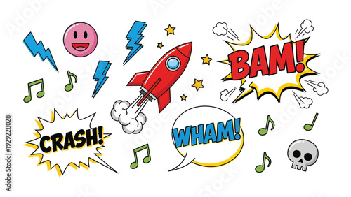 Comic Pop Art Illustration: A dynamic illustration bursting with comic book elements, including a rocket ship, sound effects, stars, musical notes, and an array of playful symbols.