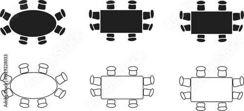 Conference table top view icons set, meeting room layout silhouettes, boardroom desk shapes with chairs, office furniture plan illustration isolated on white background