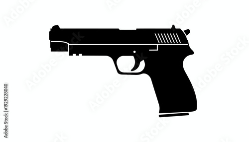 Semi-automatic handgun silhouette vector illustration with distinct barrel, trigger, grip, slide serrations, firearm identification design, black weapon outline, educational safety reference vector gr