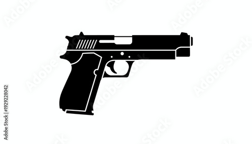Semi-automatic handgun silhouette vector illustration with distinct barrel, trigger, grip, slide serrations, firearm identification design, black weapon outline, educational safety reference vector gr