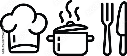 Chef hat, cooking pot and cutlery icon set, kitchen utensils line illustration, restaurant culinary symbols, food preparation concept isolated on white background
