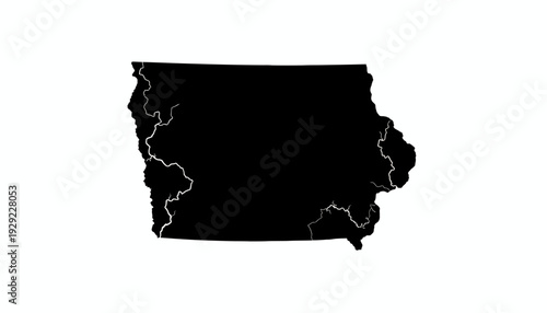 Iowa state silhouette vector illustration with detailed borders, Midwestern USA map design, geographic outline, educational cartography, black shape comparison, minimal style reference vector graphic