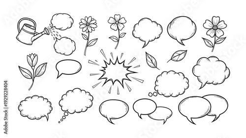 Sketchbook of Ideas: A collection of charming hand-drawn illustrations, including speech bubbles and delicate floral motifs, creating a world of thought and expression.