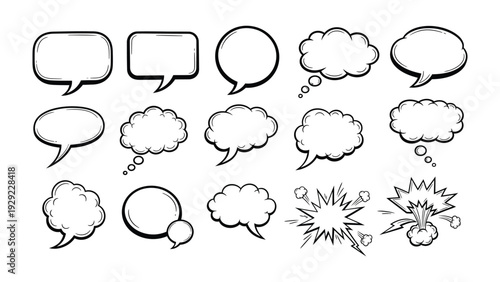 Comic Speech Bubbles: A collection of various comic speech bubbles. Designed with diverse shapes and styles for diverse creative needs, and expressing different thoughts or emotions.