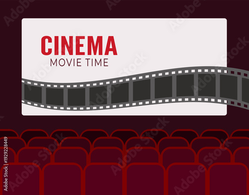 Cinema poster design with a white screen and flying film reel. Rows of seats, red chairs. Vector illustration.