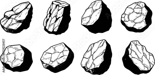 Collection of hand drawn rough stones with faceted surfaces and dark shadows white background