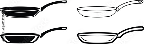 Frying pan silhouette icon set, kitchen cookware collection, skillet and nonstick pan illustrations, cooking utensil symbols isolated on white background for culinary design