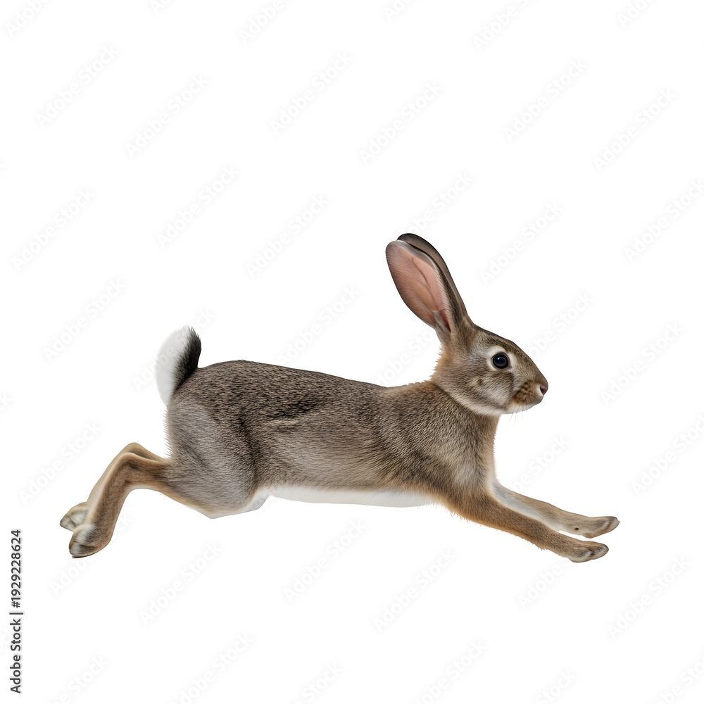 Obraz premium Running rabbit, full body side view. Fast motion wildlife concept, detailed fur, and natural shadow. Perfect for design, branding, and print, isolated on white or transparent background. PNG format.