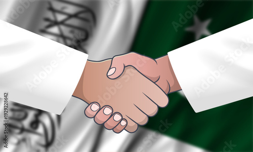 Vector blurry wavy national flags of Islamic Emirate of Afghanistan and Islamic Republic of Pakistan. Afghan and Pakistani political and economic blurred banner. Friendly handshake, deal
