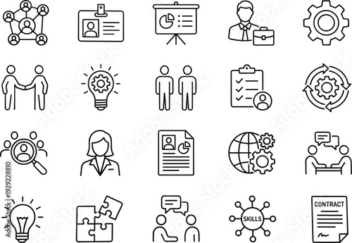 Human resources and business management line icon set, recruitment, teamwork, leadership, communication and contract concepts, outline vector illustration