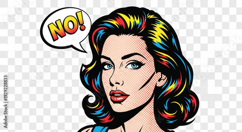 Retro comic book style woman with a speech bubble saying no.