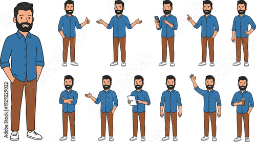Bearded young man character set in different poses, gestures and expressions, casual outfit, modern flat vector illustration isolated on white background