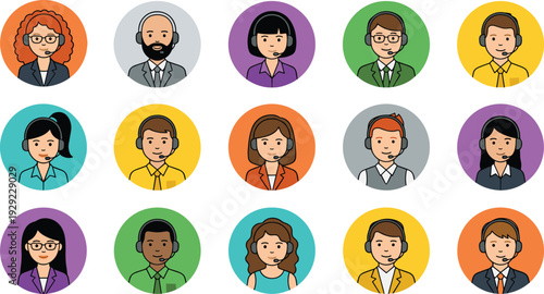 Customer support avatar collection, diverse call center operators with headsets, professional help desk team, flat vector illustration set