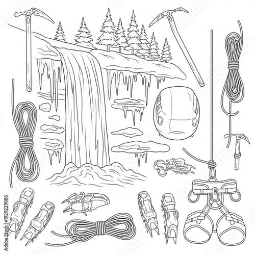 A vector graphic illustration of various rock climbing equipment and tools arranged around a scenic waterfall and mountain landscape