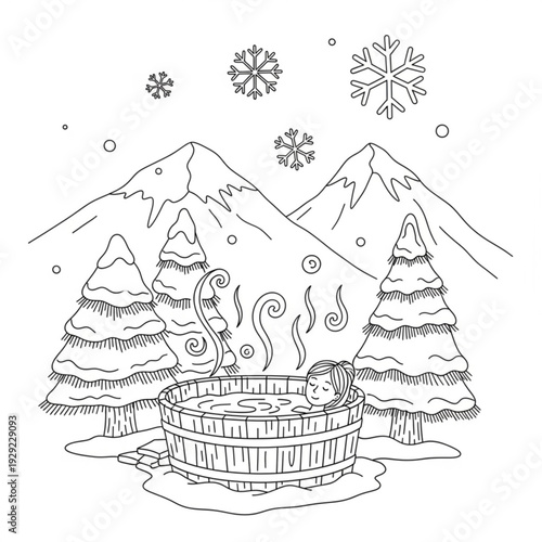 A woman relaxes in a wooden hot tub surrounded by snow-covered trees and mountains during a winter snowfall