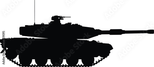 Military tank silhouette illustration, armored combat vehicle with cannon, black and white army warfare machine design, isolated battlefield defense transport icon