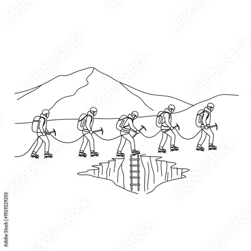 A minimalist line art illustration of five climbers traversing a mountainous terrain with a rope and ice axes, one stepping onto a cliff with a ladder