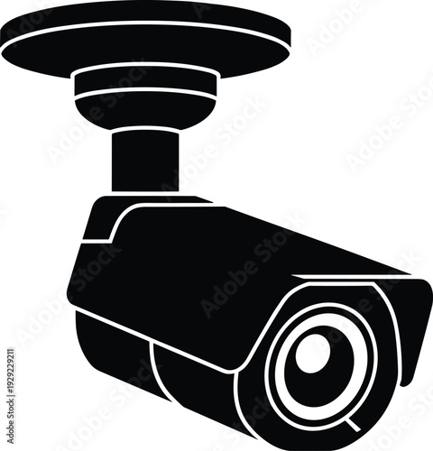 Security camera silhouette illustration, CCTV surveillance system icon, black and white monitoring device graphic, modern video protection technology design, isolated safety equipment symbol