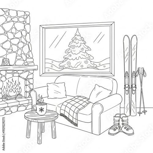 A cozy living room with a fireplace, couch, and Christmas tree, featuring a pair of skis and boots, with a warm and inviting atmosphere.