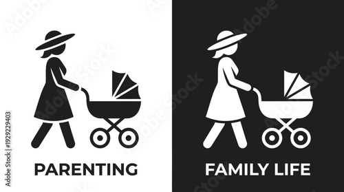 Parenting Vector – Childcare vs Family Life, Baby Stroller Icons, Responsibility Graphic