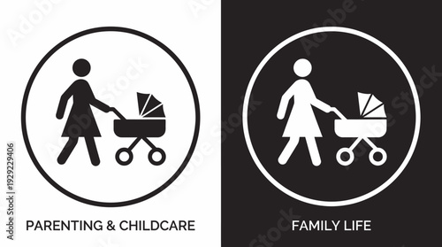 Parenting Vector – Childcare vs Family Life, Baby Stroller Icons, Responsibility Graphic