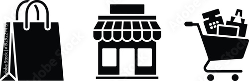 Shopping icons set silhouette, retail store storefront bag and cart illustration, black and white ecommerce marketplace symbols, isolated commercial business design elements