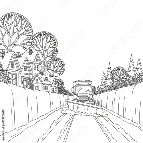 A black and white vector illustration of a snowplow clearing a road in a residential neighborhood during winter