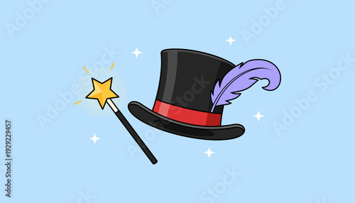 Magician Hat Vector – Black Top Hat, Wand with Star, Sparkles, Magic Performance Graphic