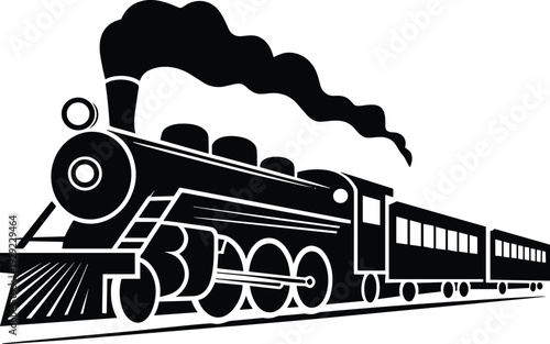 Steam locomotive train silhouette, vintage railway engine illustration, classic passenger transport graphic, black and white retro steam train design, isolated railroad transportation icon