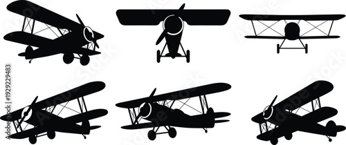 Vintage Biplane Silhouettes Set Classic Airplane Collection Retro Aviation Aircraft Isolated Black Vector Illustration Transportation Design Elements