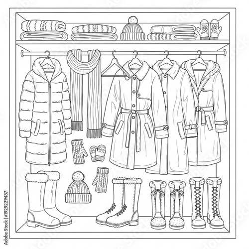 A vector graphic illustration of a winter clothing closet with coats, boots, hats, and accessories