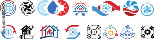 Ventilation System icon set. Containing air conditioner, fan, exhaust fan, air duct system, humidifier, vent and more. Solid vector icons collection. Vector illustration.hvac icon.Ventilation and hvac