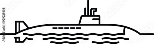 Submarine silhouette illustration, military naval underwater vessel icon, black and white ocean defense transport design, isolated maritime warfare technology symbol
