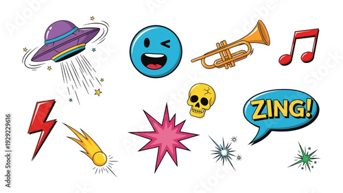 Pop Art Elements: A vibrant collection of pop art elements, including a flying saucer, emoji, musical notes, trumpet, lightning bolt, shooting star, and explosion, bring an energetic, eye-catching.