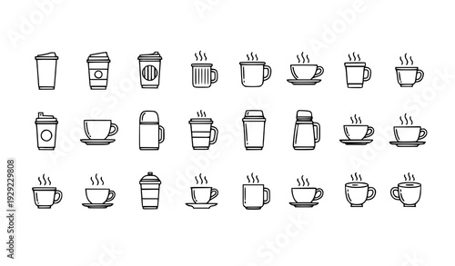 A set of minimalist line art coffee cup icons in black and white