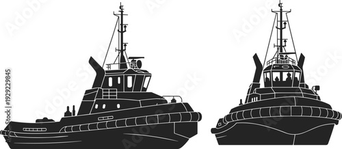 Tugboat silhouette illustration, side and front view harbor towboat, marine transport vessel graphic, black and white nautical ship design, isolated maritime industry icon