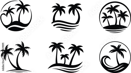 Tropical island palm tree silhouettes set, beach logo design collection, summer paradise symbols with ocean waves, black vector illustrations isolated on white background