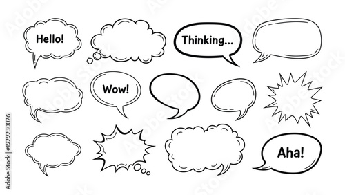 Dialogs and thoughts: A collection of various comic-style thought and speech bubbles, perfect for visual communication. 