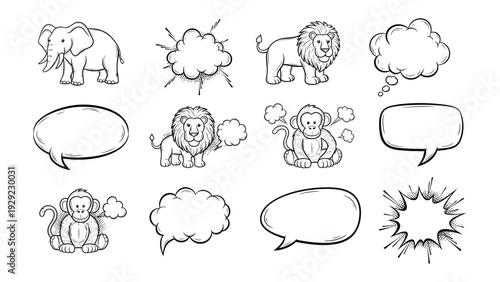 Cartoon Animals and Speech Bubbles: A collection of charming cartoon animals and various speech bubbles, offering a playful and versatile visual for storytelling or communication.