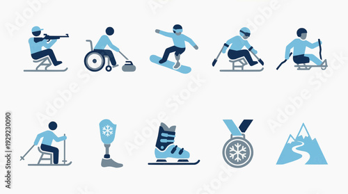 A flat icon set depicting adaptive winter sports, featuring paralympic athletes in biathlon, curling, snowboarding, and ice hockey, with prosthetic limbs, in an energetic visual representation