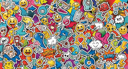 Colorful stickers and emojis create a vibrant and playful visual display of fun and expression.