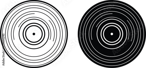 Retro Vinyl Record Disk Icon Set in Black and White Line Art for Music Production, DJ Equipment, Audio Entertainment, Nostalgic Media, and Sound Design