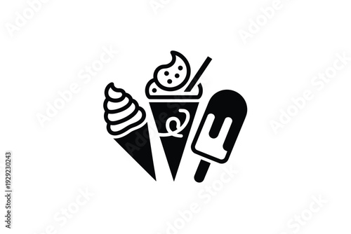 Ice cream icon set including cone, sundae, and popsicle illustrations